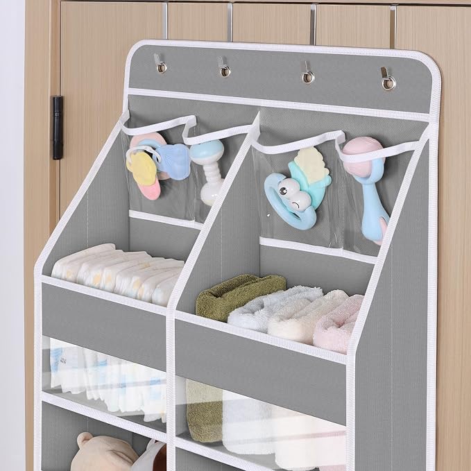 Univivi Upgraded Over the Door Organizer for Baby Nursery, Grey, 5-Shelf | Fabric Door Organizer with Clear Window Deep Pockets, Over Door Hanging Organizer for Baby Essential, Bedroom, and Dorm - Image 4