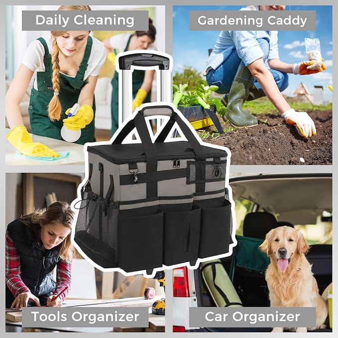 SCAVATA Rolling Cleaning Caddy Bag with Detachable Trolley, Large Cleaning Supplies Organizer with Wheels, Multi-Pocket Cleaning Cart with Adjustable Shoulder Strap for Housekeepers (WarmGrey) - Image 7