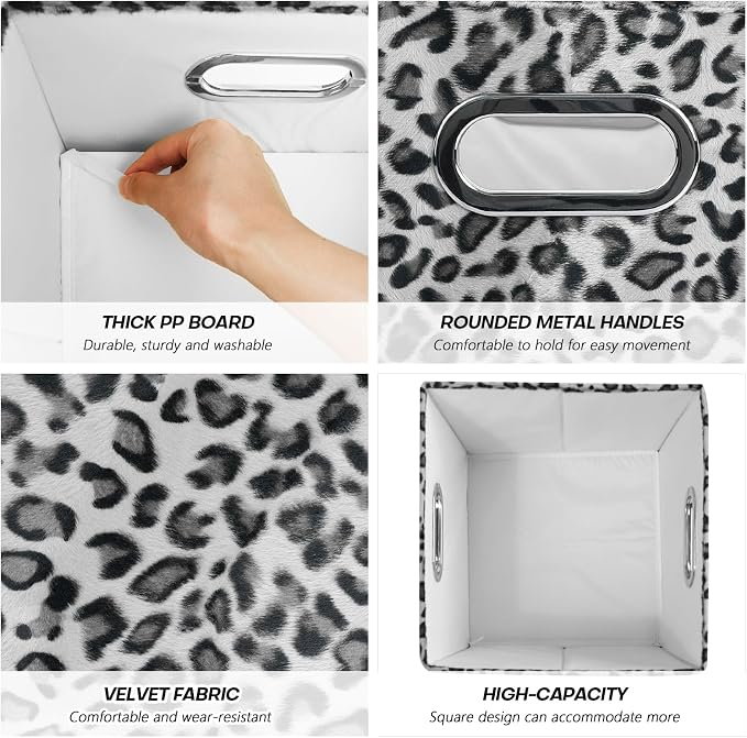 ANMINY Leopard Cheetah Print Storage Cubes Bins, Velvet, Gray, 13Inch 6PCS | Collapsible & Washable, PP Board Frame, Built-in Metal Handles, Animal Themed Fabric Cubes Baskets for Closet Shelves Decor - Image 4