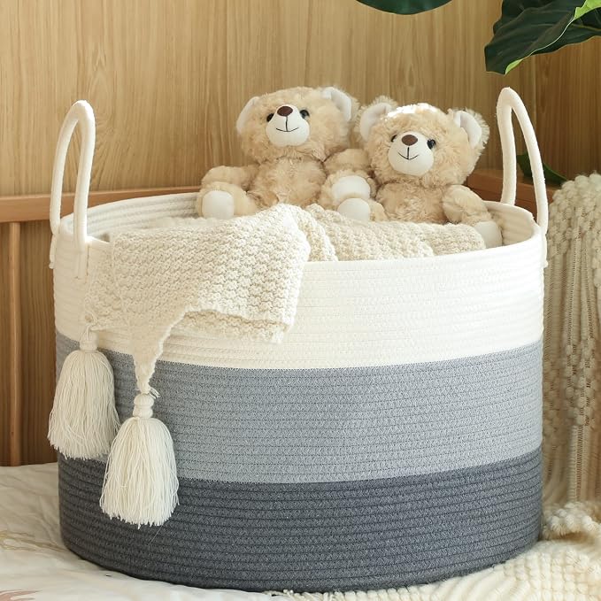 KAKAMAY Large Blanket Basket (20"x13"),Woven Baskets for storage Baby Laundry Hamper,Cotton Rope Blanket Basket for Living Room, Laundry, Nursery, Pillows, Baby Toy chest with Handles (White/Grey) | Extra Large Capacity | Natural Cotton Rope | Blanket ... - Image 2