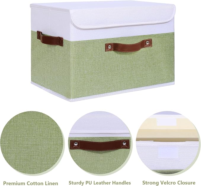 ANMINY Fabric Storage Box Bins with Lids, Green White, 15"x10"x10", 4 Pack | Keepsake Memory Storage, Cotton Linen, PP Board Reinforced, Washable, PU Handles, Foldable & Stackable, Decorative, Large - Image 4