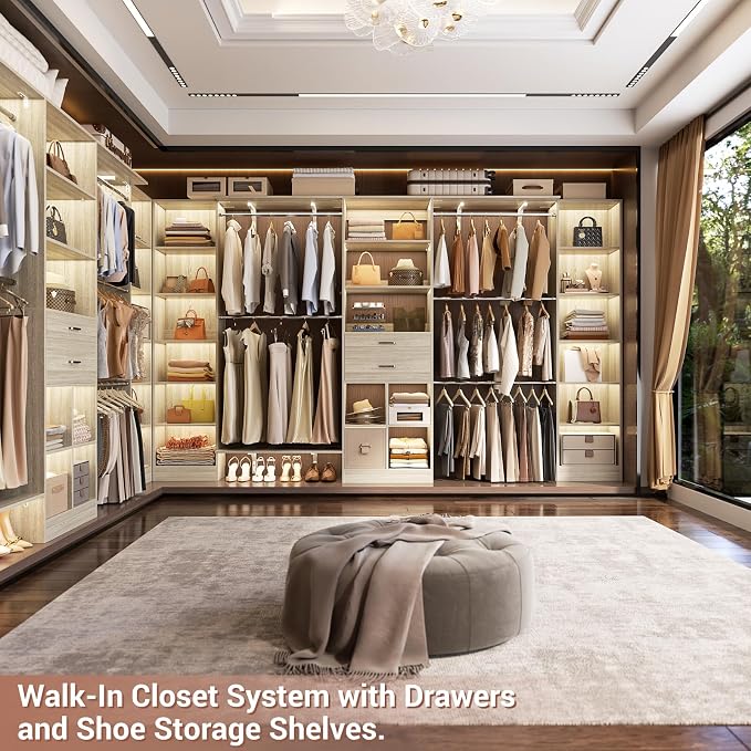 Besiost Closet System - 9.4FT/112" Closet Organizer System with Wooden Drawers,Closet Systems for Walk-In Closets with Hang Rods and Open Cabinet, Greige Oak - Image 5