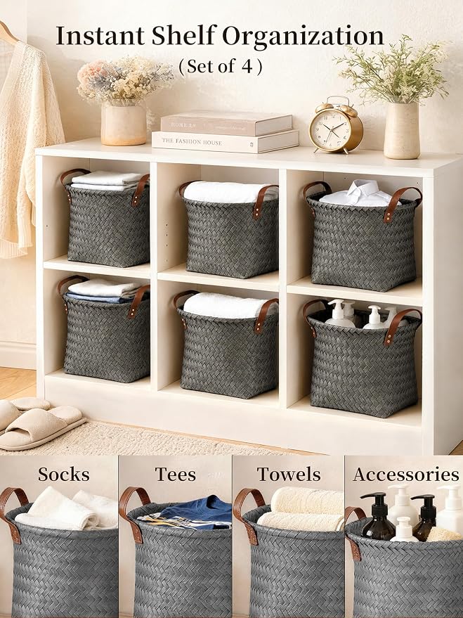 Wicker Storage Baskets, 4 Pack Woven Baskets for Shelves, Grey | PP Rattan, Water-resistant Wicker Basket, Large Baskets with Faux Leather Handles for Blanket, Laundry Organizer, Room Decor - Image 3