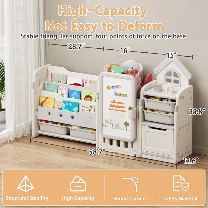 Kids Toy Storage Organizer with 10 Removable Bins, Foldable Toy Organizers and Storage with 3-Tier Bookshelf for Kids Toy Storage Organizer with Drawing Board, Extra 3 Brushes (3 In 1 Off-white) - Image 2