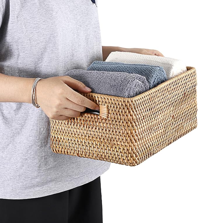 Hipiwe Woven Rattan Basket Natural Wicker Storage Basket Box with Handles | Rectangular Open Storage Bin for Shelf Bathroom Living Room Kitchen, 13" x 8.7" x 5.9" - Image 8