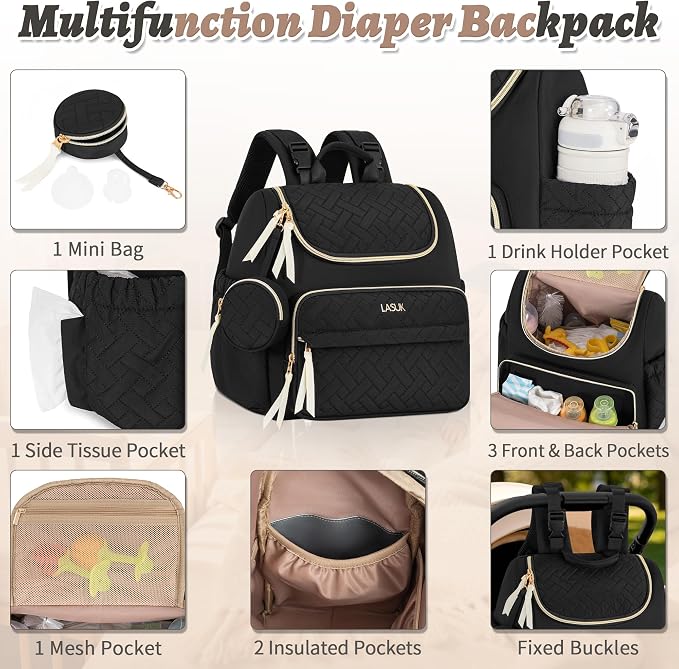 Small Diaper Bag, 22L Stylish Baby Mini Maternity Travel Backpack | with Changing Pad, Pacifier Bag, Stroller Straps Parents Essentials for Outdoor Trip Hospital & Daily Work, Black - Image 3