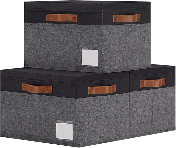 GhvyenntteS Extra Large Storage Bins with Lids, Foldable Fabric Storage Boxes with Lids and Handles, Storage Baskets with Lid and Label for Home Office (3 Pack, Grey&Black, 15.75" x 11.8" x 10.2") by GhvyenntteS