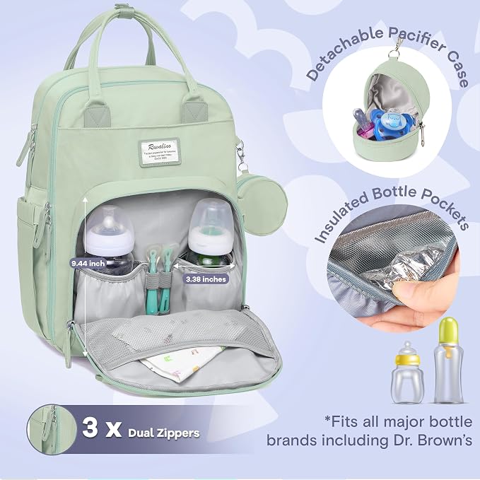 RUVALINO Baby Diaper Bag Backpack with Changing Pad, Baby Shower Gifts | Baby Essentials, Waterproof Travel Baby Bags for Mom Dad Girl Boy, Insulated Bottle Holders, Pacifier Case, Large Capacity - Image 2