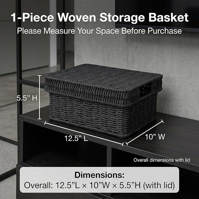 Wicker Storage Basket with Lid for Shelves,12×10×5.5in, Black | One rectangular wicker basket with lid for decorative shelf storage; its removable lid lifts off and flips into a tray. - Image 6