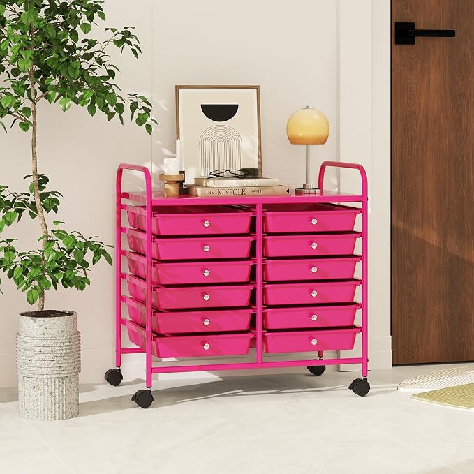 RELAX4LIFE 12-Drawer Rolling Storage Cart - Mobile Utility Cart on Wheels for School Classroom Teacher Office Salon, Paper File Art Supply Craft Organizer, Rolling Cart with Drawers (Hot Pink) - Image 9