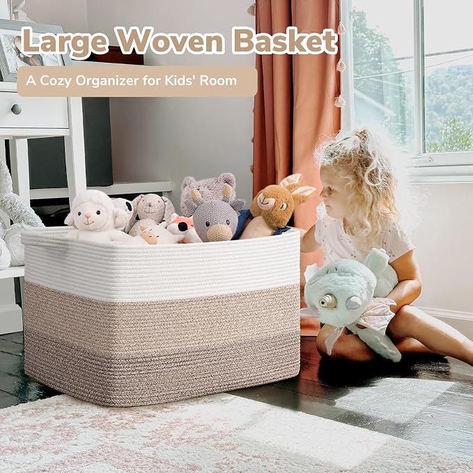 Goodpick Large Woven Blanket Basket 23.6" x 15.7" x 13.8" Cotton Rope Storage Organizer for Dirty Clothes Pillows, Soft Toy Storage Basket for Nursery Home Decor, White & Light Brown - Image 2