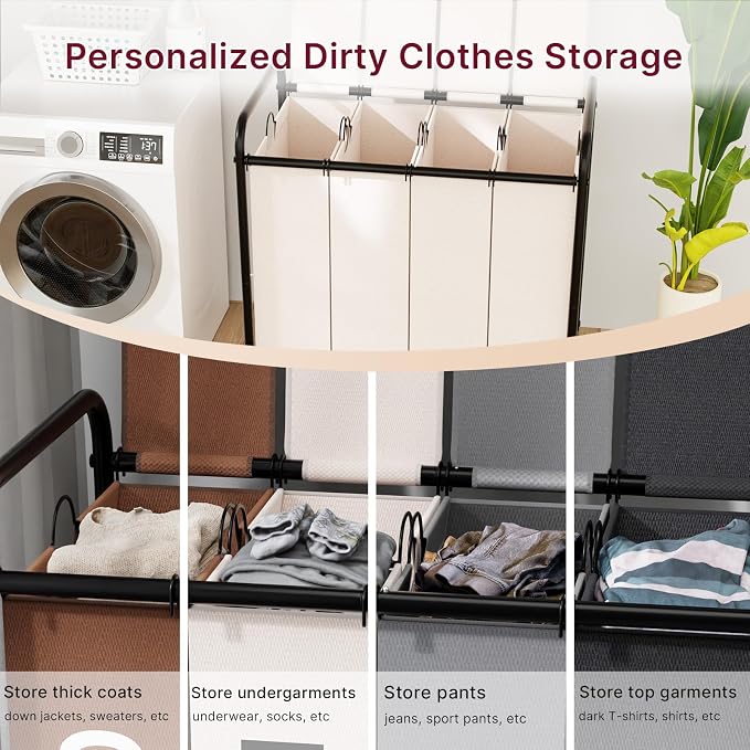 180L Laundry Sorter 4 Section with Lockable Wheels and Lid White | 4 Large Separate Removable Bags | Heavy Duty Rolling Laundry Basket | Laundry Hamper Cart for Laundry Room Organizer - Image 2