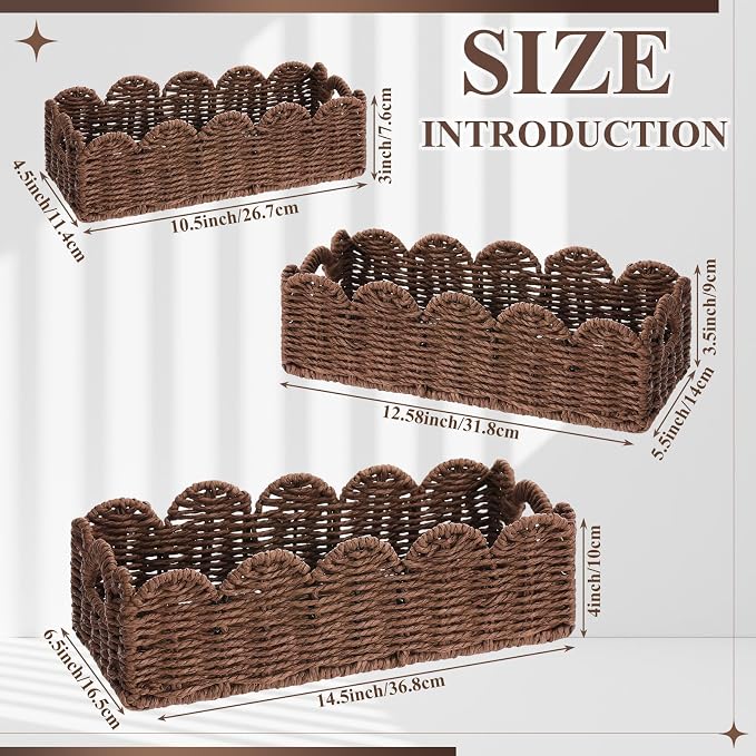 Boao 3 Pcs Boho Storage Wicker Baskets Handmade Woven Decorative Paper Rope Baskets for Organizing with Handle Countertop Toilet Paper Storage Container for Toilet Tank Top(Light Brown,Fan-shaped) - Image 2