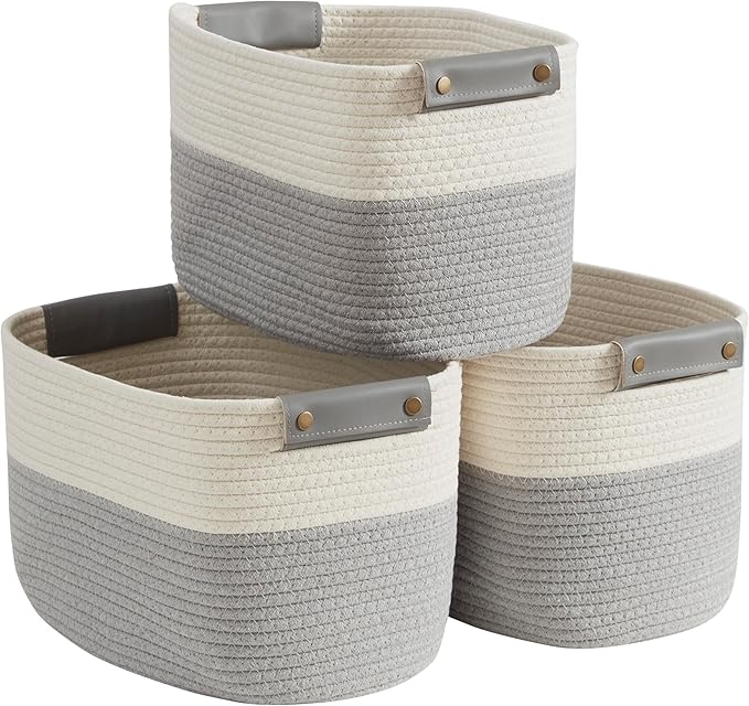 3 Pack Woven Cotton Rope Storage Basket, 15x10x9, White/Gray | Faux Leather Handles; Decorative Closet Shelf Organizer; Ideal for Storage & Organization by Organizix