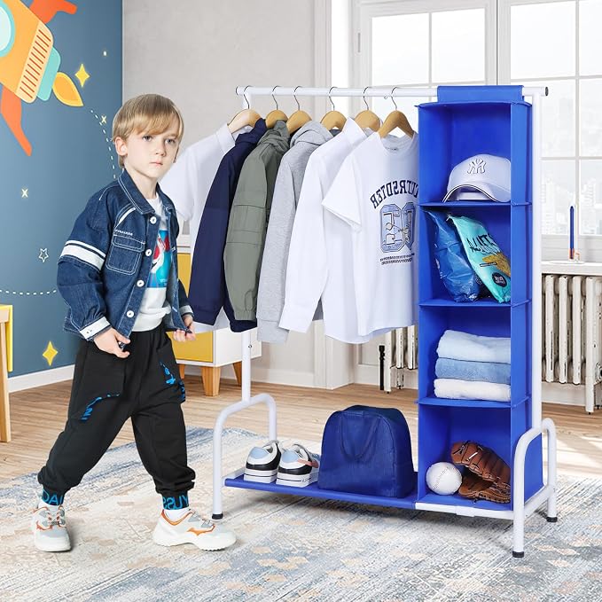Univivi Kids Clothing Rack with Hanging Organizer, 43 Inch, Blue and White | Toddler Dress Up Storage with Bottom Shelf, Sturdy Metal Baby Clothes Rack, Kids Dress up Rack for Nursery, Playroom, Bedroom - Image 2