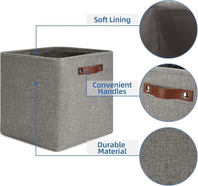 Temary Storage Baskets 13 Inch Fabric Storage Cubes for Shelves Set of 4 Storage Cube Bins for Home, Office, Storage Organizers for Toys with Leather Handles(Grey) - Image 3