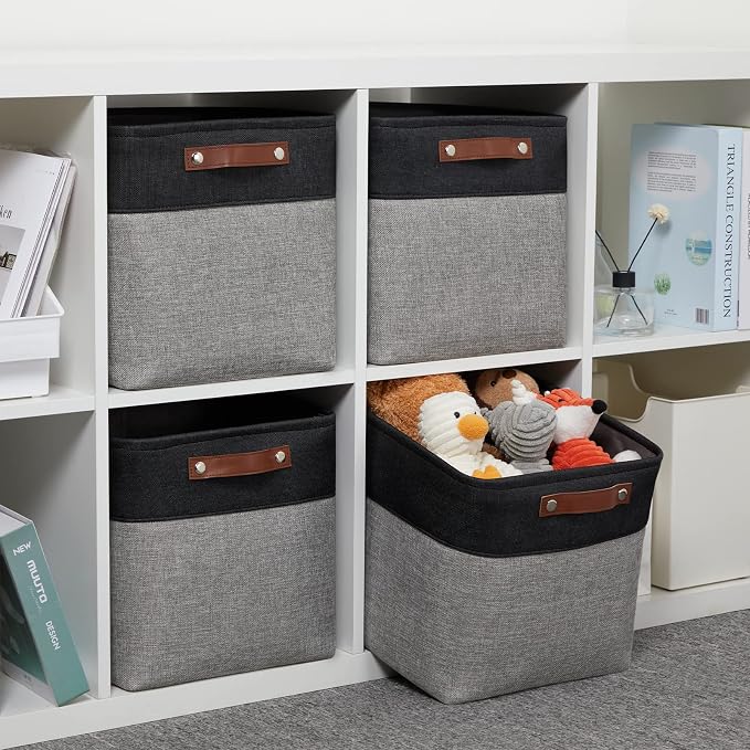 DULLEMELO Cube Collapsible Storage Bins, 12 inch Fabric Storage Cubes Bins Canvas Organization Baskets, Linen Closet Organizers Boxes for Home Organization and Storage (4 Pack - 12" Black&Grey) - Image 4