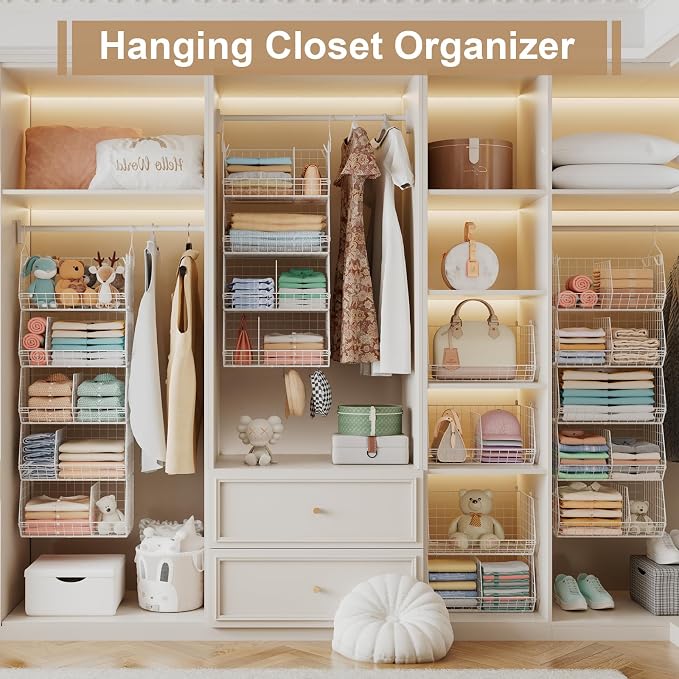 5 Tier Extra Large Closet Hanging Shelves with Divider,2 Pair Hook,16.5"L x 11.8"W x 51.4"H Closets Organizers and Storage,Clothes Organizer Clothing Sweaters Shoes Handbags Clutches Accessories-White - Image 4