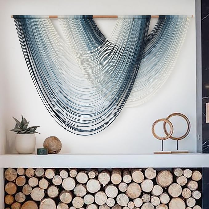 Macrame Wall Hanging Large handmade Navy Blue Ombre Fiber Art 57"W*39"L | Handwoven Wall Hanging, Navy Blue Ombre Design, Macrame Fiber Art, for Living Room Bedroom - Image 2