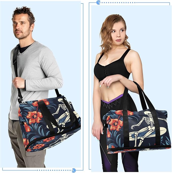Travel Duffel Tote Bag Gothic Skull and Flower Sports Duffel Bag with Wet Pocket Weekender Overnight Bag for Women Men Gym Bag, Carry On Bag Hospital Bag for Labor and Delivery - Image 4