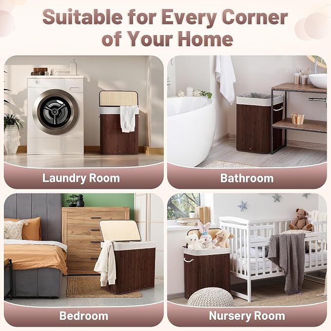 Aliphon 100L Laundry Hamper with lid, 2-Section Clothes Laundry Basket with Handles, Large Collapsible Bamboo Baskets for Bedroom, Bathroom, Dorm, Brown - Image 4