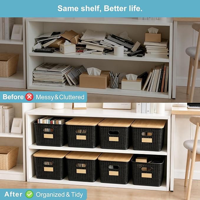 2 Pack Tall Plastic Storage Bins with Bamboo Lids, 10.8qt Stackable Storages Baskets for Organizing Desktop Closet Playroom Classroom Office, 12"L x 8.3"W x 6.1"H, Black - Image 7