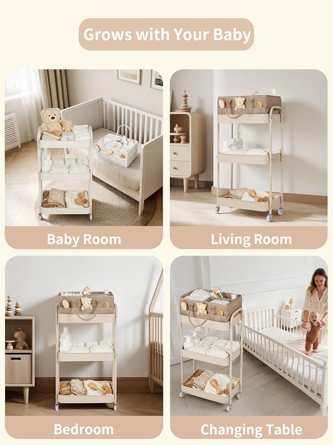 Baby Diaper Caddy, 3 Tier Rolling Cart for Baby Essentials, Taupe | Diaper Cart with Detachable Dividers, Nursery Storage & Bottle Organizer, Bedside Caddy for Bedroom and Living Room - Image 6
