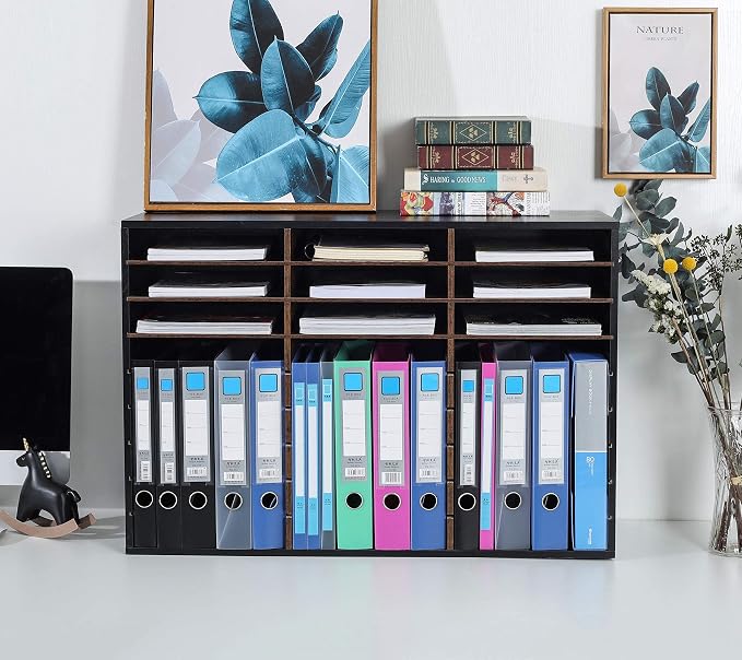 TQVAI Wood Literature Organizer, 27 Slots Hold 13500 Sheets A4 Papers, Wooden Desk File Paper Storage Organizer with Adjustable Shelves, Mailbox Cubbies for Office Home Classroom, Black/Archaize - Image 4