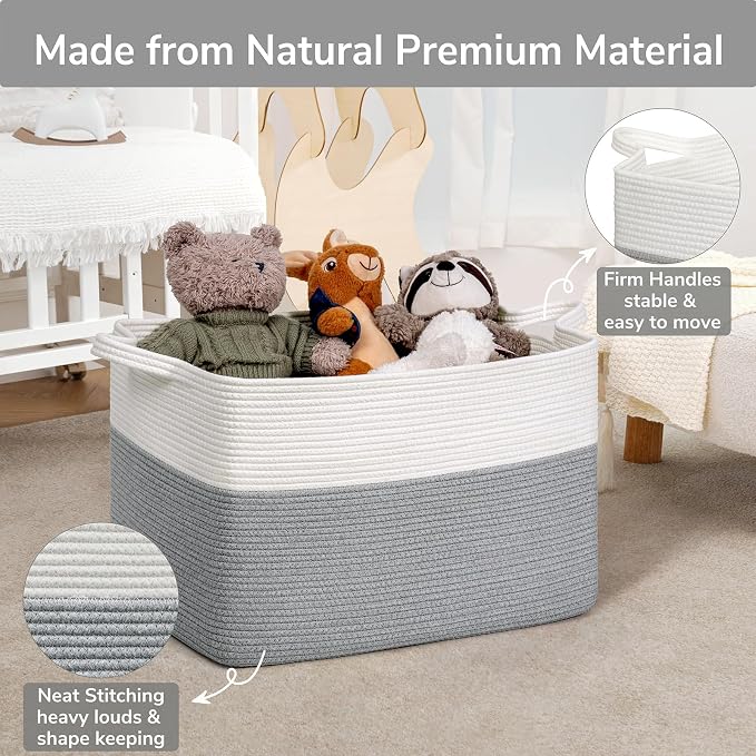 Goodpick 85L Large Woven Rope Blanket Basket, Rectangle, White Gray | 23.6'' x 15.7'' x 13.8'' Storage Basket for Blankets & Pillows, Living Room & Bedroom Organization, Reinforced Handles - Image 6
