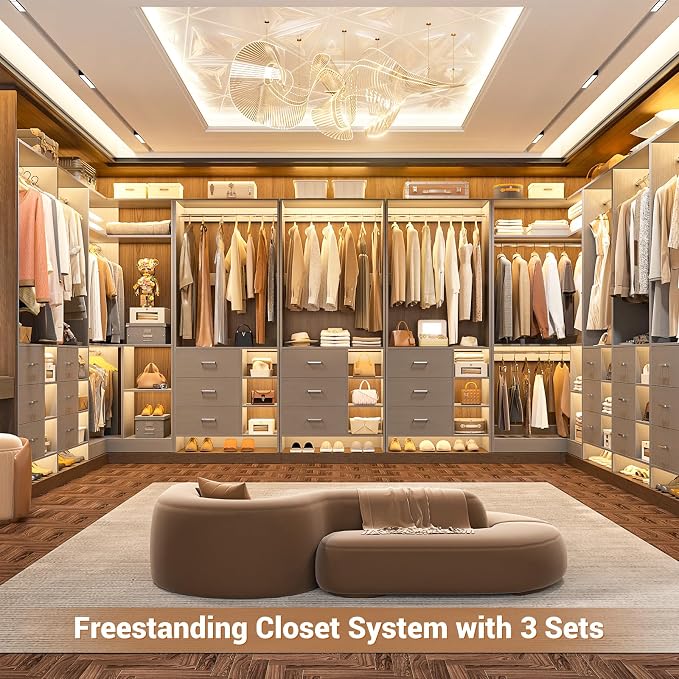 Aheaplus Closet System with 6 Drawers, 4 Hanging Rods & Corner Tower, Corner Closet System with Hanging,92.6" L-Shaped Walk-In Wardrobe Organizer, 2000+ lbs Capacity, Set of 3, Grey - Image 5