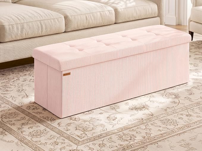 SONGMICS MAZIE Collection - Storage Ottoman Bench, Foldable Foot Rest, 15 x 43 x 15 Inches, End of Bed Bench, Storage Chest, Load 660 lb, Living Room, Bedroom, Entryway, Jelly Pink ULSF604R01 by Unknown