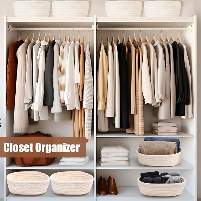 12 Pack Small Storage Basket Cute Natural Cotton Rope Woven Basket Tiny Boho Decorative Toy Storage Bin Gift Baskets for Home Organizing, Closet, Shelf, Nursery, Bathroom(Oval,Beige) - Image 6