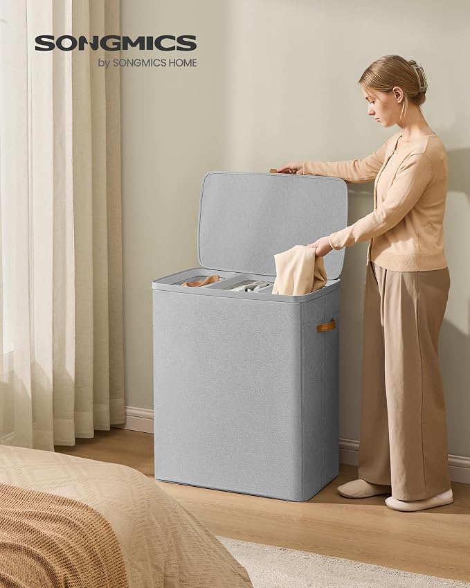 SONGMICS Laundry Basket, 50.2 Gal. Laundry Hamper, 3 Compartments, Easy Assembly, with Lid and Handles, Removable Liners, 25.2 x 15.7 x 29.5 Inches, Dove Gray ULCB814GD01 - Image 2