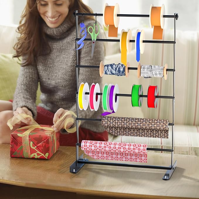 Alyoen 6 Tier Ribbon Organizer, Metal Ribbon Holder Storage Rack with Activity Hooks, Ribbon Spool Holder for Craft Room Sewing Thread Mesh Ribbon Wreath Washi Tape, Florist Arts Wrapping Gift - Image 2