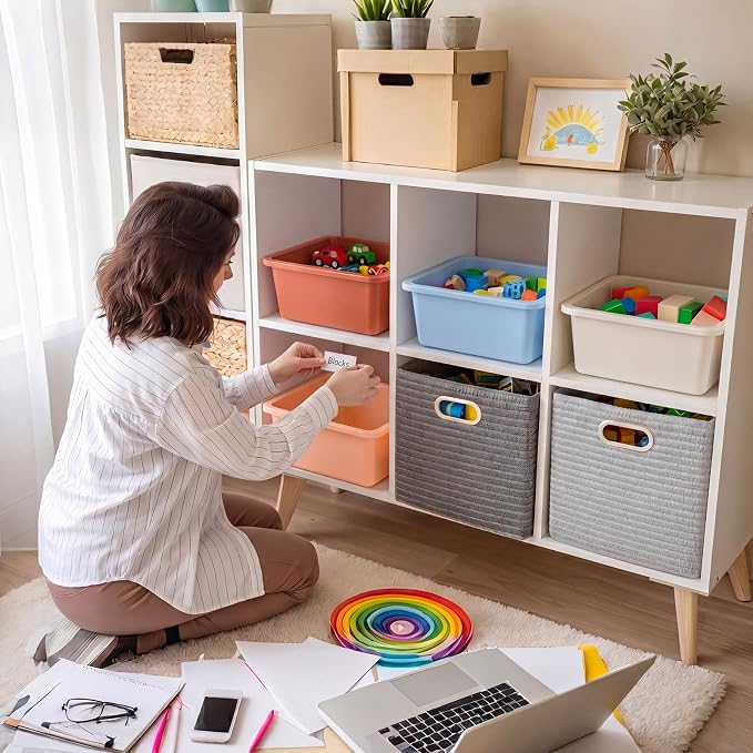 Outus 36 Pack Book Bins for Classroom Library Bulk Plastic Cubby Storage Bins Small Toy Organizer Containers with Self Adhesive Label for Kids Students Teachers School Office Home(Morandi Color) - Image 7