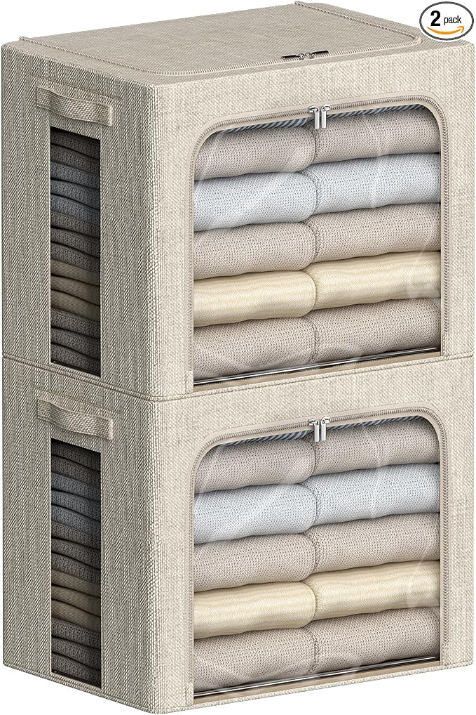 FHSQX 2 Pack Clear Window Storage Bins - Large Stackable Linen Fabric Storage for Clothes Foldable Container Organizer Set with Carrying Handles (Beige, 16.5x 12.2x 12.2Inch) by FHSQX