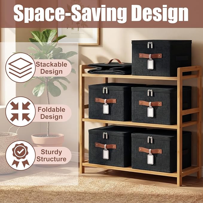 6 Pack Fabric Bins with Lids, 10 x 8 x 7 Inch Fabric Storage Bins with Zipper Lids and Labels, Decorative Foldable Storage Cubes with Handles for Closet Nursery Shelf Organization, Black - Image 5
