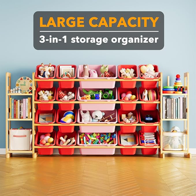 SpaceAid Toy Storage Organizer with 6 Shelves and 20 Bins, Toy Organizers Storage Bookshelf, Kids Bin Shelf Toys Box Bookcase for Bedroom Playroom Organization Room Decor, Red and Pink - Image 3