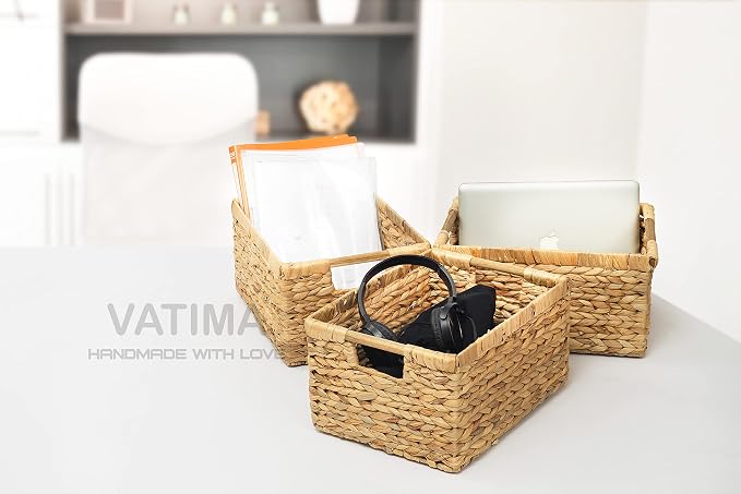 VATIMA Large Rectangular Wicker Basket with Wooden Handles for Shelves and Storage - Natural Water Hyacinth Basket for Organizing, 14.5 x 10.3 x 7.5 inches - Image 8