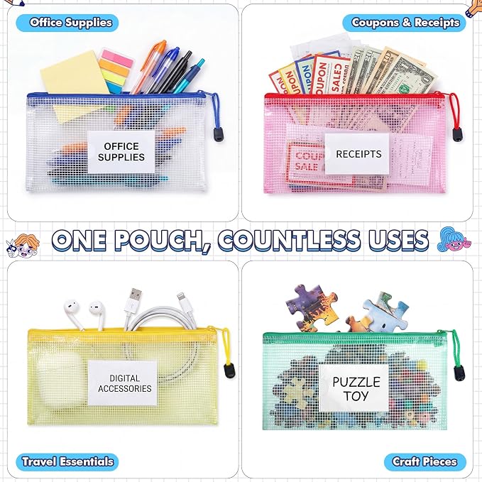 Handepo 200 Pack A6 Mesh Zipper File Bags with Label Cards, 9.45x4.53 in Waterproof Plastic Pouches, 5 Color Small Pencil Case for Office School Home Organization and Bill Stationary - Image 6