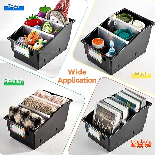 6 Pack Picture Book Bins with Dividers Plastic Book Holders with Labels Stackable Classroom Organization Bins Magazine File Binder Holder Storage Container for Classroom Library Home Office(Black) - Image 6