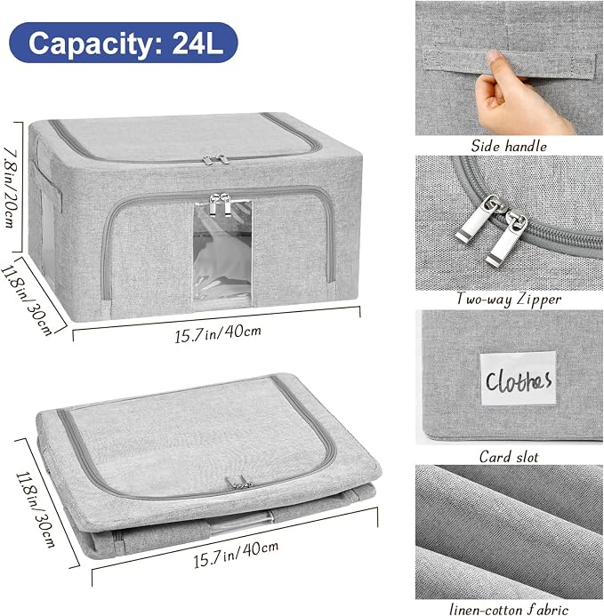 3 Pack Clothes Storage Bins with Metal Frame,Foldable Storage Bin with Lid for Clothes,Stackable Cotton Linen Fabric Organizer Set with Carrying Handles and Clear Window(Grey, 24L) - Image 4