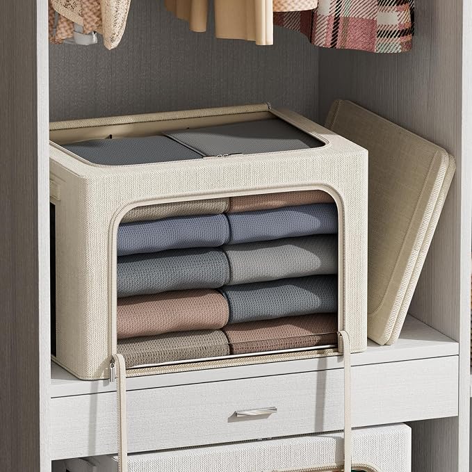 FHSQX 2 Pack Clothes Storage Bins with Metal Frame Beige, 15.7x11.8x9.8 Inch - Image 2