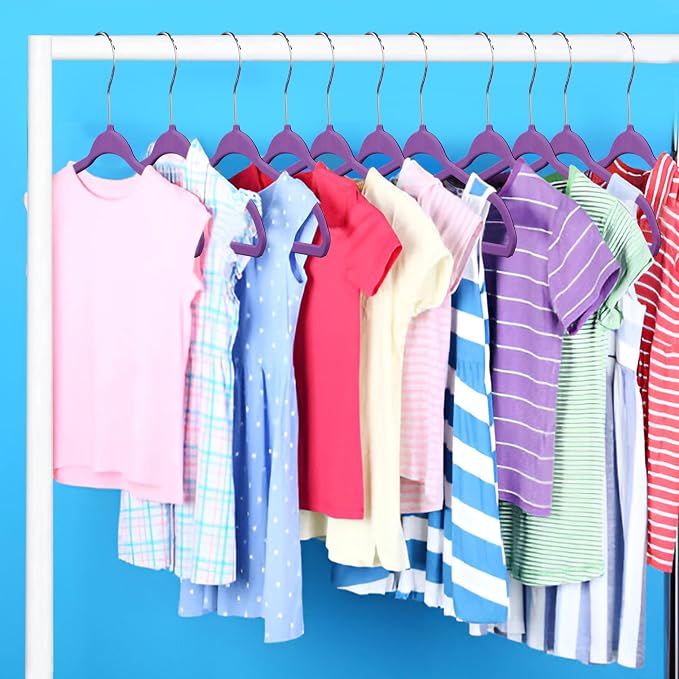 Purple Velvet Kids Hangers 100 Pack, 10.83" Non-Slip Baby & Toddler Hangers for Clothes, Space-Saving Slim ABS Plastic with 360° Swivel Hook & Notched Shoulders, Up to 10 lb Capacity - Image 6