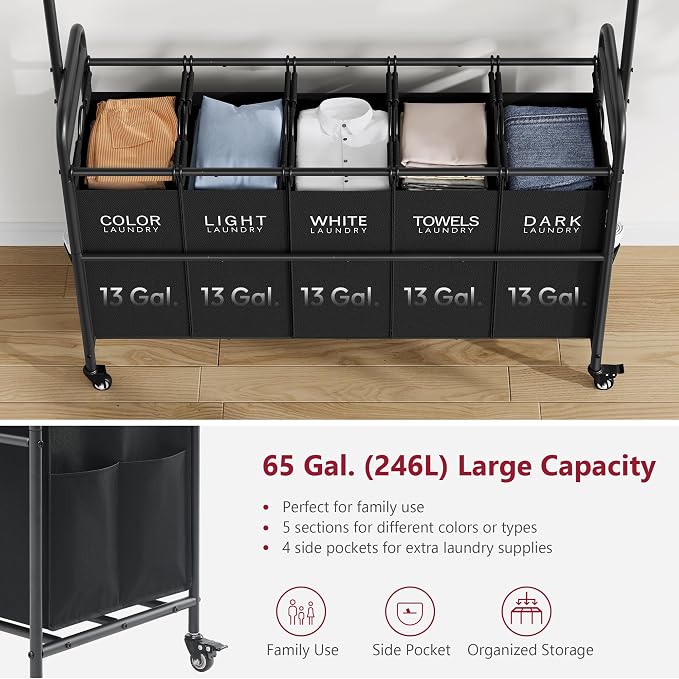 Laundry Sorter with Hanging Rack, 5 Section Laundry Sorter, Black | 246L Laundry Hamper with Removable Bag and Extended Side Bars, Rolling Laundry Sorter Cart for Bedroom, Laundry Room - Image 4