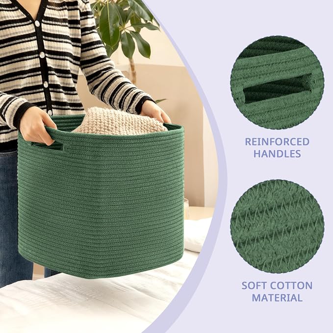 OIAHOMY 3 PACK Cube Storage Bin 13 Inch Collapsible Storage Cube Green | Cube Storage Organizer Storage Bins for Shelves Baskets for Organizing Woven Rope Storage Baskets - Image 3