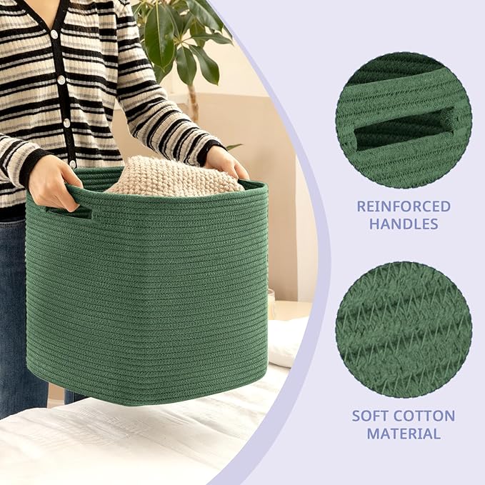 OIAHOMY 3 PACK Cube Storage Bin 13 Inch Collapsible Storage Cube Green | Cube Storage Organizer Storage Bins for Shelves Baskets for Organizing Woven Rope Storage Baskets - Image 3