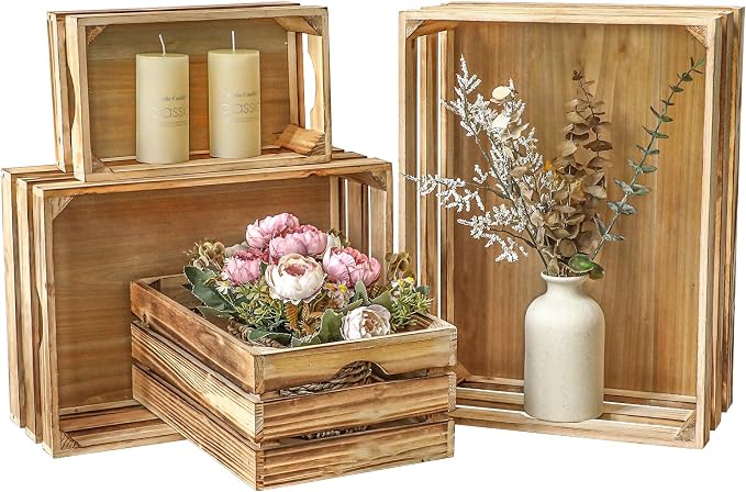 Large Torched Wood Storage Crates Decorative, Set of 4 Nesting Wooden Crates for Display Rustic, Farmhouse Wooden Storage Container Boxes Made from 100% Wood by JUMBOHUMBLE