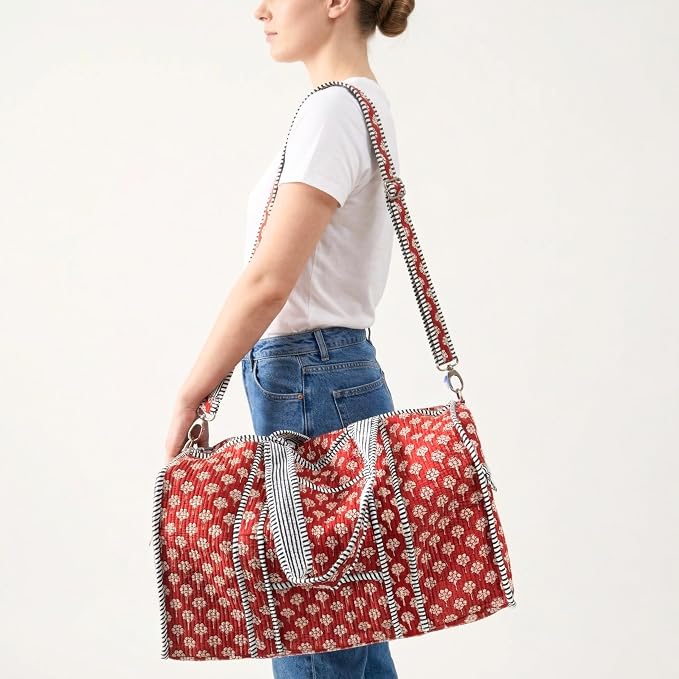 ATOSII Handblock Print 100% Cotton Large Quilted Duffle Bag for Overnight Trip, Travel Weekend Bag, Luggage, 2 Pockets with Zipper, 1 Front Pocket, Detachable Long Strap, 20 X 10 X 12 Inches, Terra - Image 3