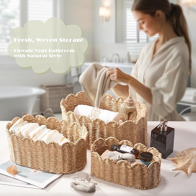 Scalloped Basket Set of 3, Wicker Storage Baskets - Hand-Woven Paper Rope Nursery Organizer for Diaper Caddy, Baby Toys & Shelves, Natural (16x10x7 Inch) - Image 4